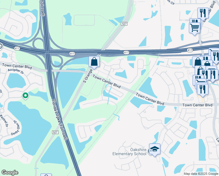 map of restaurants, bars, coffee shops, grocery stores, and more near 501 Cresting Oak Circle in Orlando