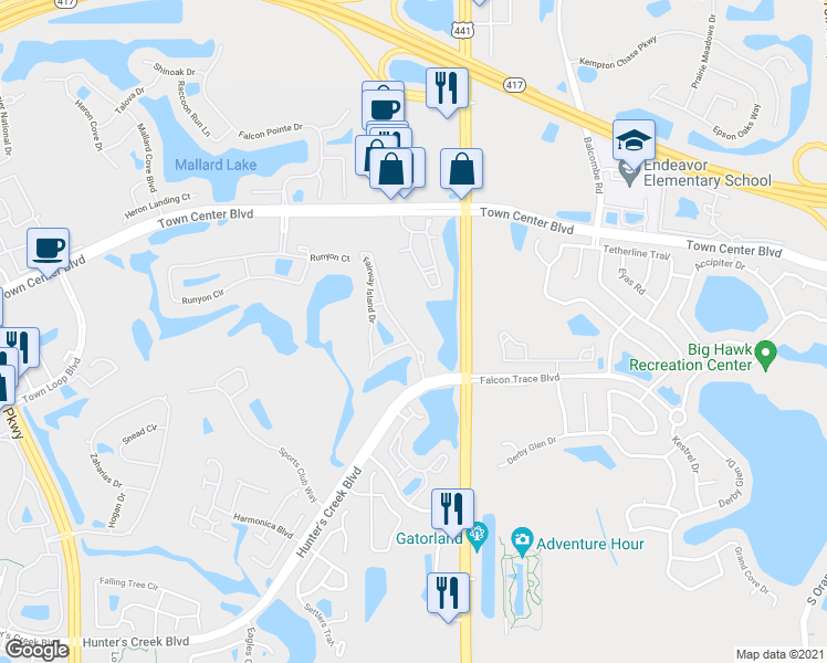 map of restaurants, bars, coffee shops, grocery stores, and more near 14049 Fairway Island Drive in Orlando