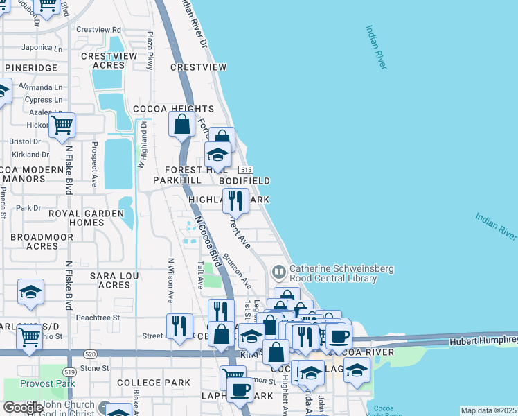 map of restaurants, bars, coffee shops, grocery stores, and more near 16 Olive Street in Cocoa