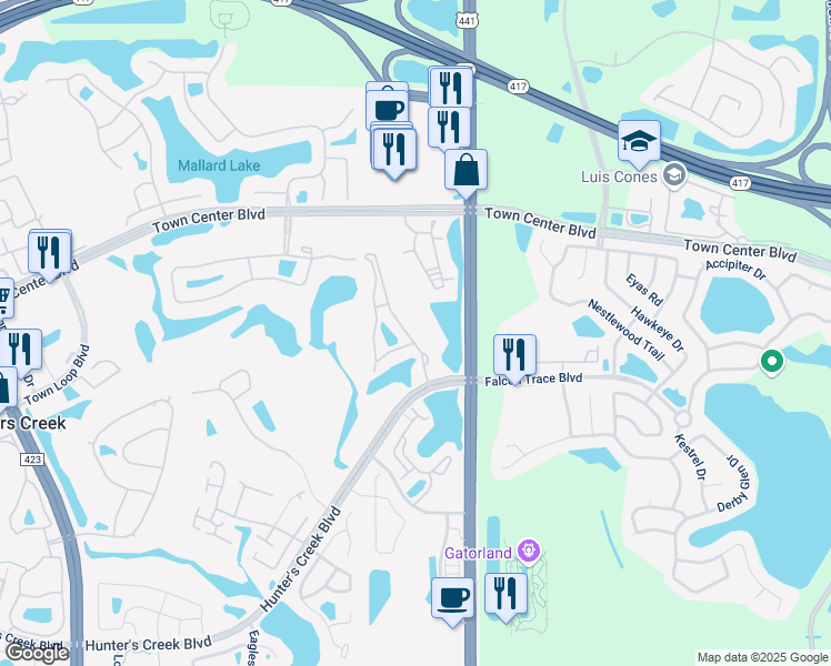 map of restaurants, bars, coffee shops, grocery stores, and more near 14049 Fairway Island Drive in Orlando