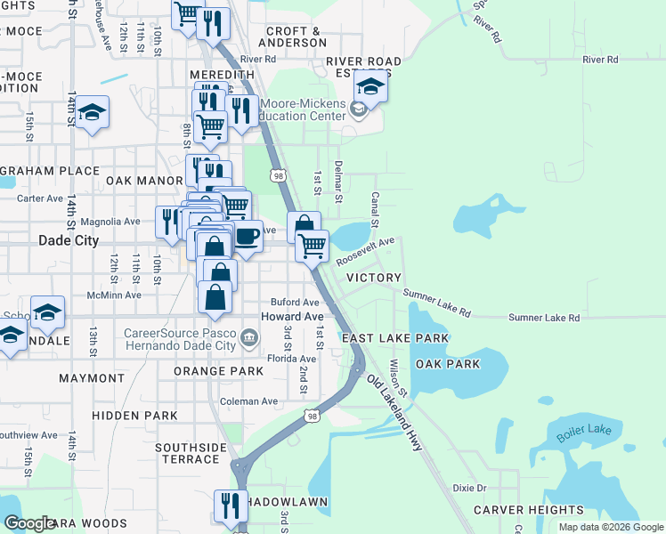 map of restaurants, bars, coffee shops, grocery stores, and more near 3824 Roosevelt Avenue in Dade City