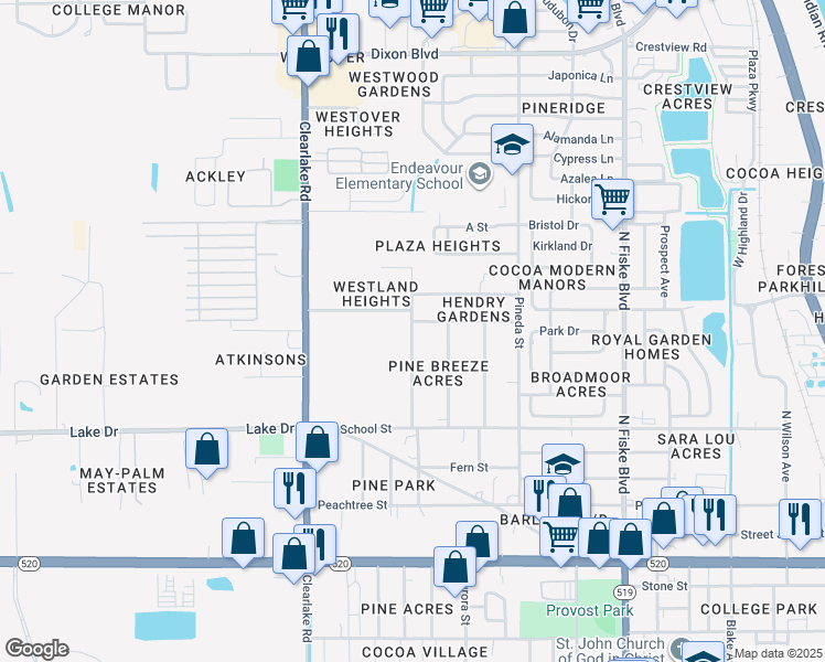 map of restaurants, bars, coffee shops, grocery stores, and more near 366 Palm Avenue in Cocoa