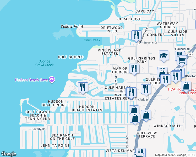map of restaurants, bars, coffee shops, grocery stores, and more near 14205 Hendry Court in Hudson