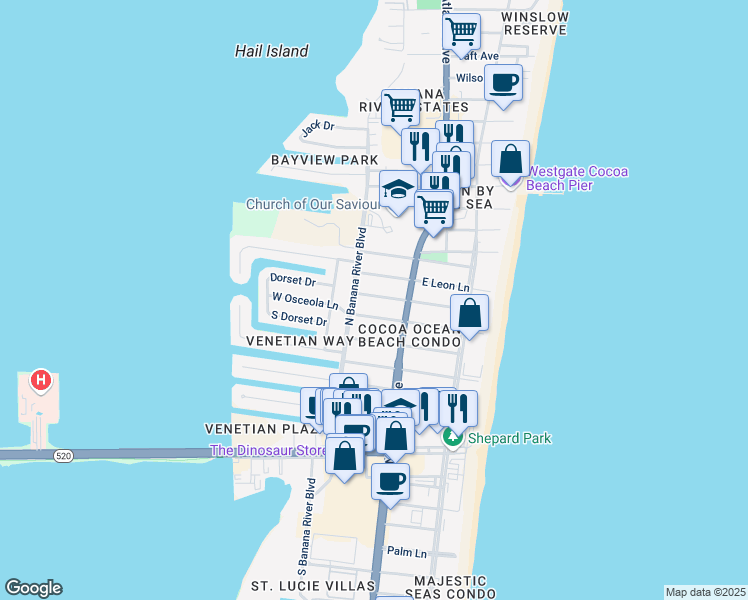 map of restaurants, bars, coffee shops, grocery stores, and more near 131 West Pasco Lane in Cocoa Beach