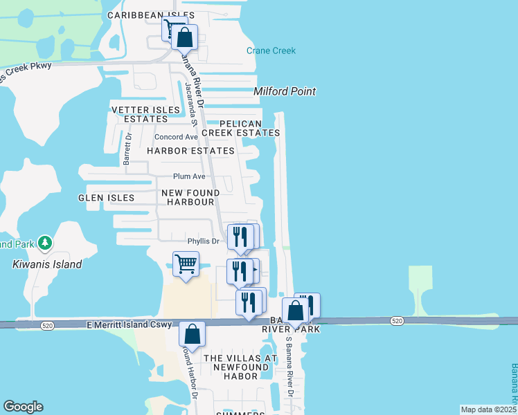 map of restaurants, bars, coffee shops, grocery stores, and more near 1725 Poinciana Court in Merritt Island