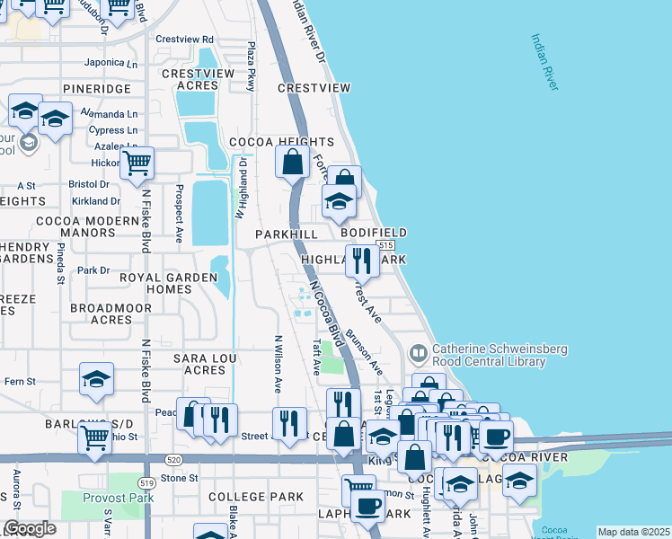 map of restaurants, bars, coffee shops, grocery stores, and more near 112 Olive Street in Cocoa