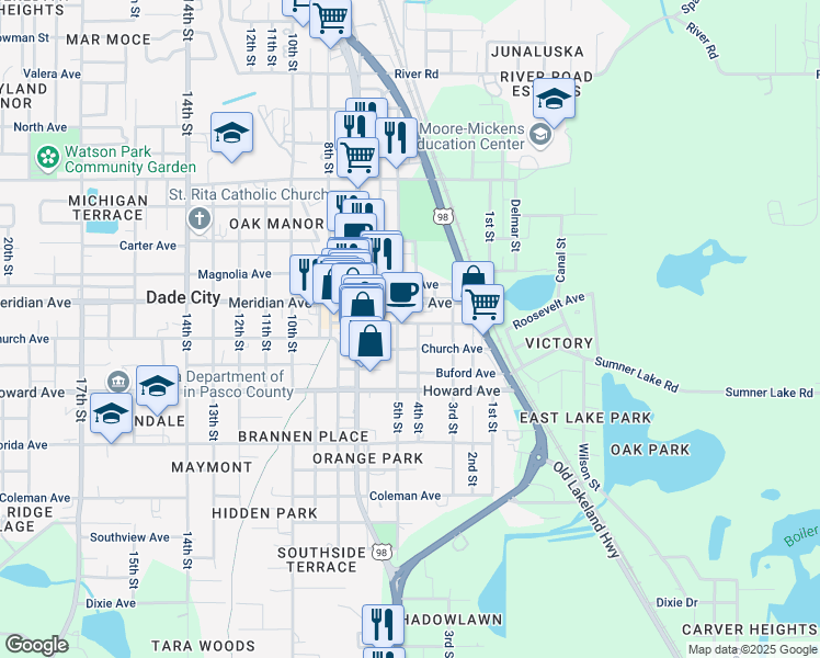 map of restaurants, bars, coffee shops, grocery stores, and more near 38041 Church Avenue in Dade City