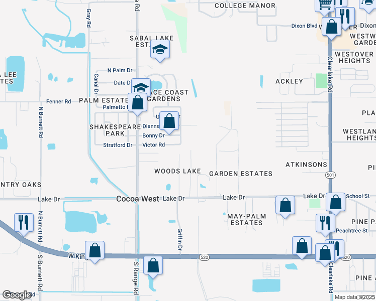 map of restaurants, bars, coffee shops, grocery stores, and more near 460 Country Lane Drive in Cocoa