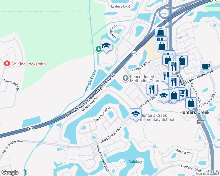 map of restaurants, bars, coffee shops, grocery stores, and more near 3918 Brookmyra Drive in Orlando