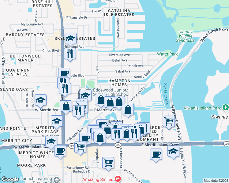 map of restaurants, bars, coffee shops, grocery stores, and more near 718 6th Street in Merritt Island