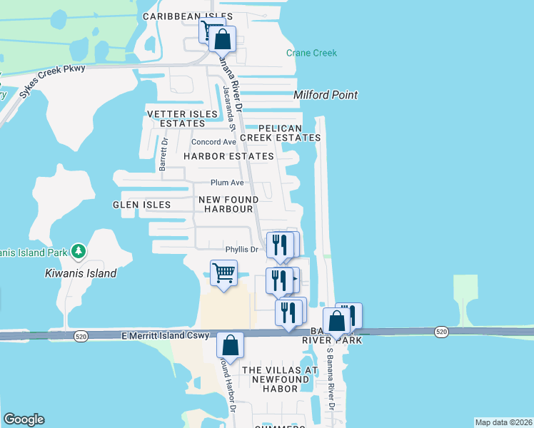 map of restaurants, bars, coffee shops, grocery stores, and more near 1684 Georgiana Drive in Merritt Island