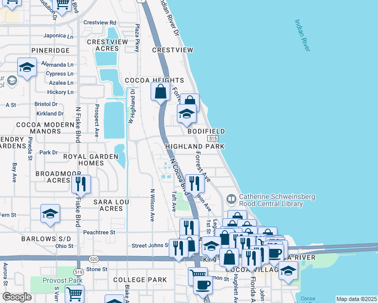 map of restaurants, bars, coffee shops, grocery stores, and more near 112 Olive Street in Cocoa