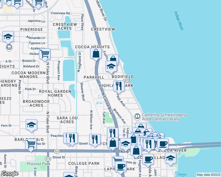 map of restaurants, bars, coffee shops, grocery stores, and more near 112 Olive Street in Cocoa