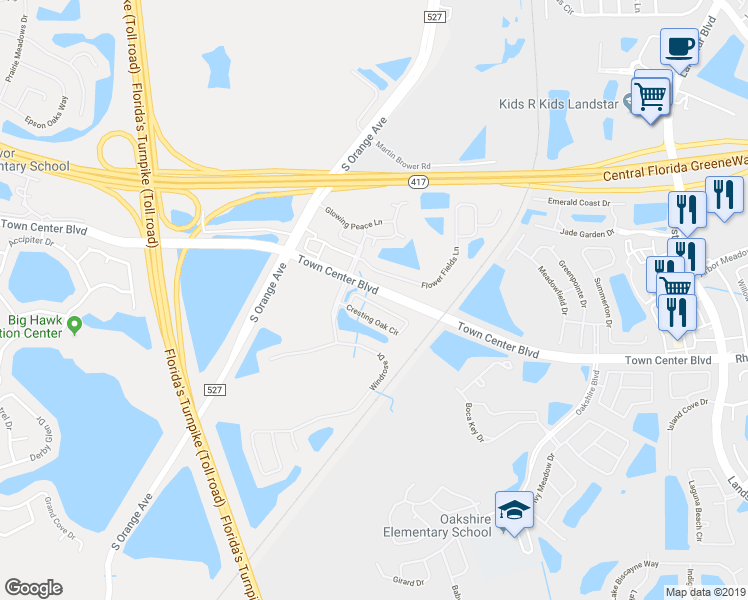 map of restaurants, bars, coffee shops, grocery stores, and more near 716 Cresting Oak Circle in Orlando