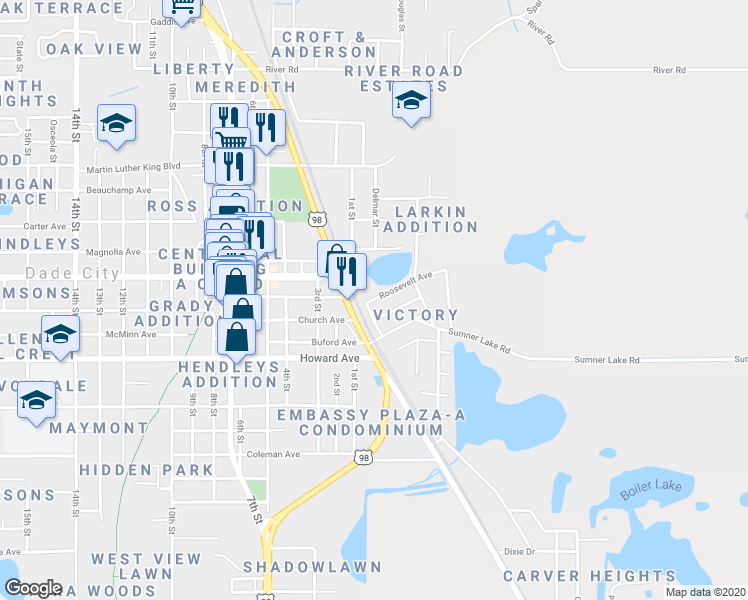map of restaurants, bars, coffee shops, grocery stores, and more near 38236 Roosevelt Avenue in Dade City