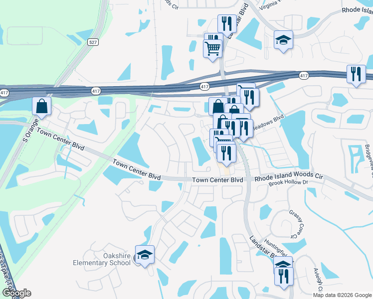 map of restaurants, bars, coffee shops, grocery stores, and more near 13329 Greenpointe Drive in Orlando