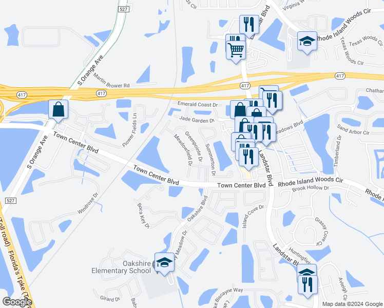 map of restaurants, bars, coffee shops, grocery stores, and more near 13307 Meadowfield Drive in Orlando