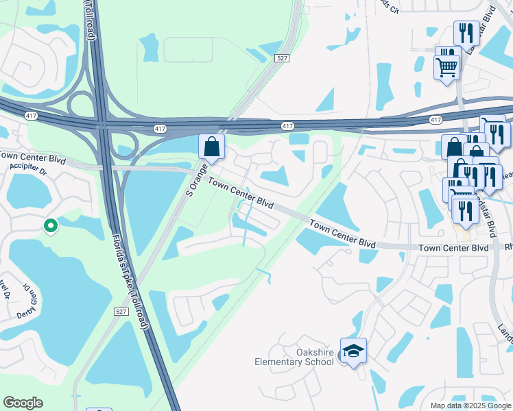 map of restaurants, bars, coffee shops, grocery stores, and more near 744 Cresting Oak Circle in Orlando
