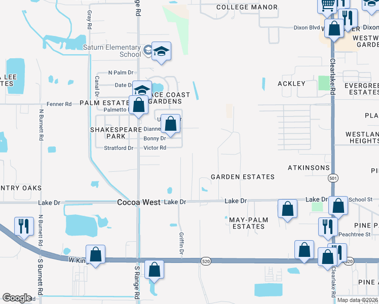 map of restaurants, bars, coffee shops, grocery stores, and more near 462 Country Lane Drive in Cocoa