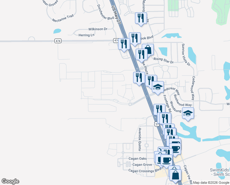 map of restaurants, bars, coffee shops, grocery stores, and more near 16521 Libra Street in Clermont