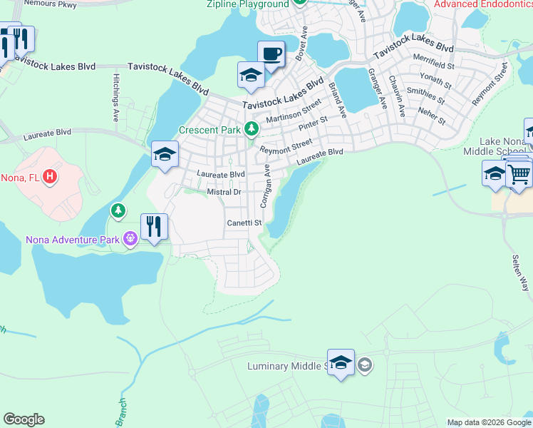 map of restaurants, bars, coffee shops, grocery stores, and more near 14230 Corrigan Avenue in Orlando