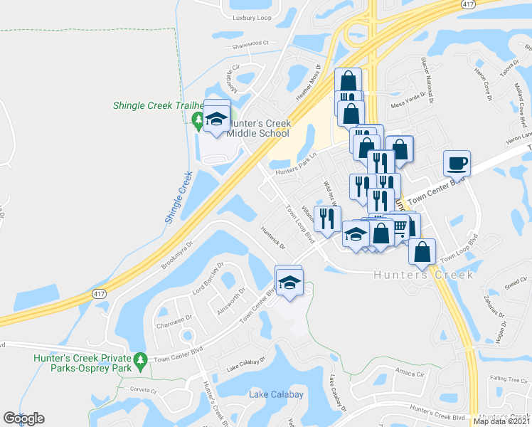 map of restaurants, bars, coffee shops, grocery stores, and more near 13751 Huntwick Drive in Orlando