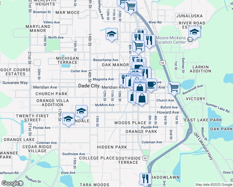 map of restaurants, bars, coffee shops, grocery stores, and more near 14130 11th Street in Dade City
