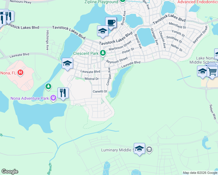 map of restaurants, bars, coffee shops, grocery stores, and more near 14230 Corrigan Avenue in Orlando