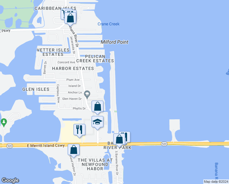 map of restaurants, bars, coffee shops, grocery stores, and more near 410 Milford Point Drive in Merritt Island
