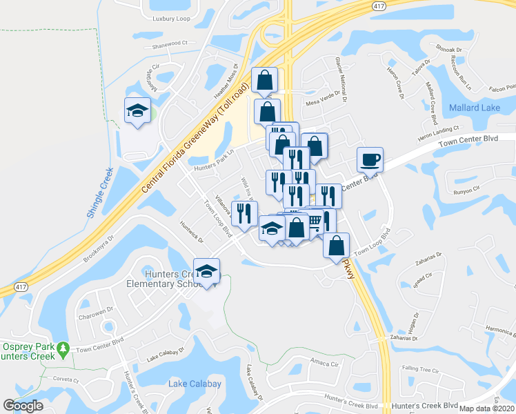 map of restaurants, bars, coffee shops, grocery stores, and more near 12220 Wild Iris Way in Orlando