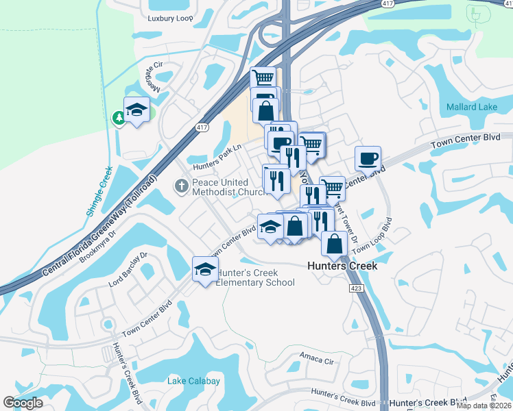 map of restaurants, bars, coffee shops, grocery stores, and more near 12414 Baleria Cove in Orlando