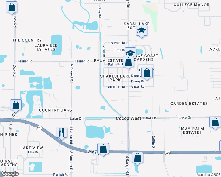 map of restaurants, bars, coffee shops, grocery stores, and more near 2515 Stratford Drive in Cocoa
