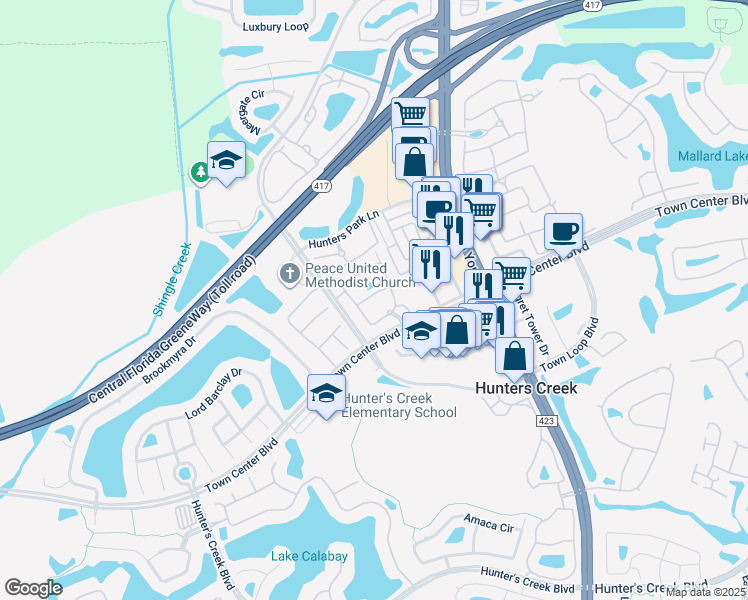map of restaurants, bars, coffee shops, grocery stores, and more near 12021 Villanova Drive in Orlando