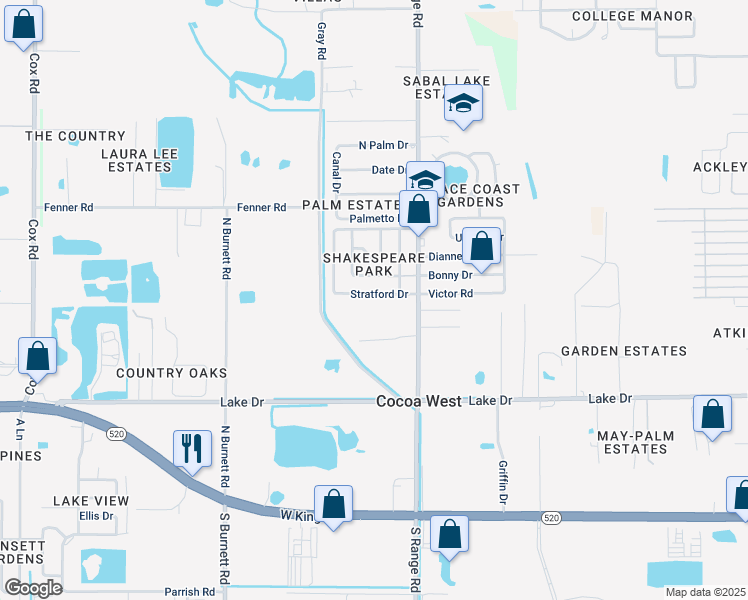 map of restaurants, bars, coffee shops, grocery stores, and more near 2515 Stratford Drive in Cocoa