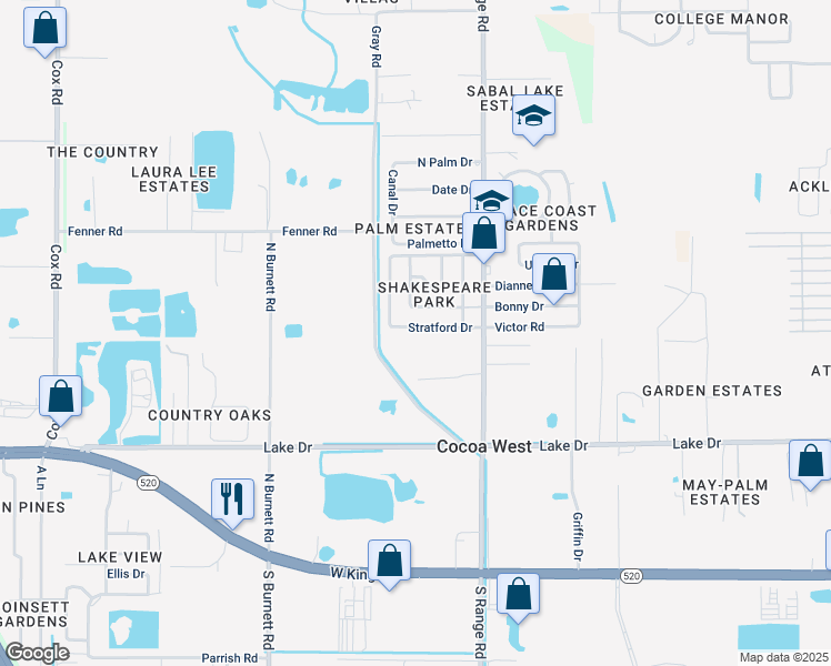 map of restaurants, bars, coffee shops, grocery stores, and more near 2515 Stratford Drive in Cocoa