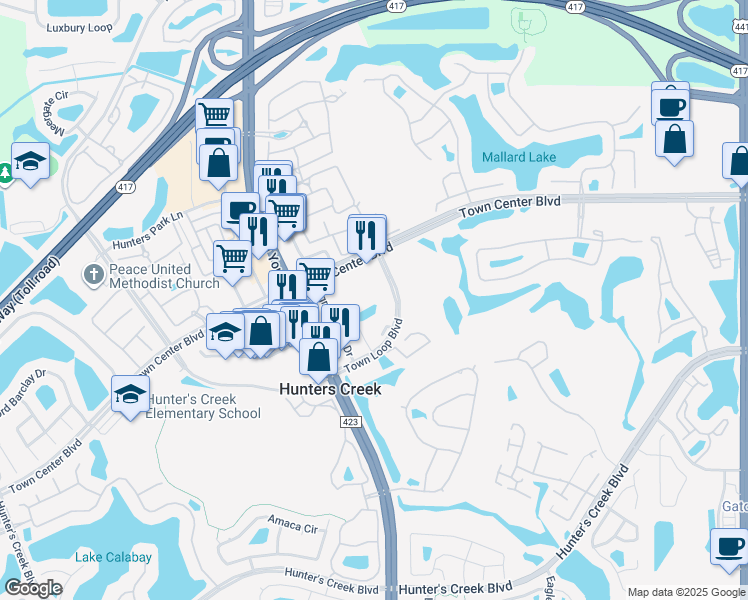 map of restaurants, bars, coffee shops, grocery stores, and more near 14115 Town Loop Boulevard in Orlando