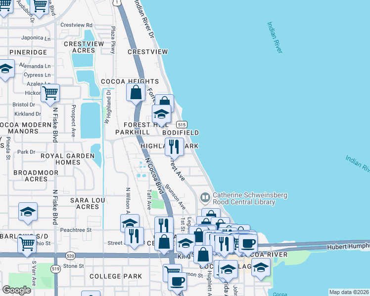 map of restaurants, bars, coffee shops, grocery stores, and more near 16 Olive Street in Cocoa