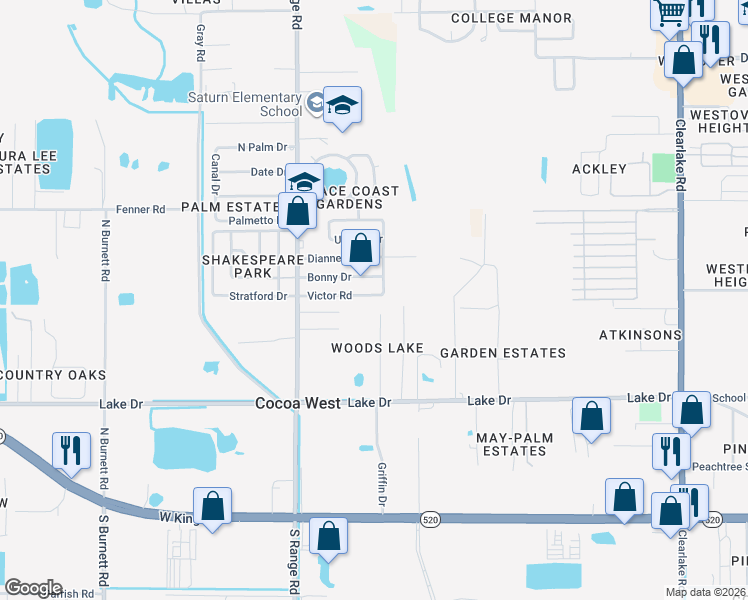 map of restaurants, bars, coffee shops, grocery stores, and more near 361 Woods Lake Drive in Cocoa