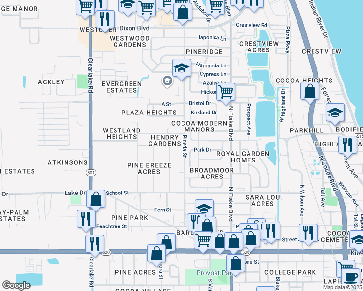 map of restaurants, bars, coffee shops, grocery stores, and more near 1100-1198 Allen Street in Cocoa