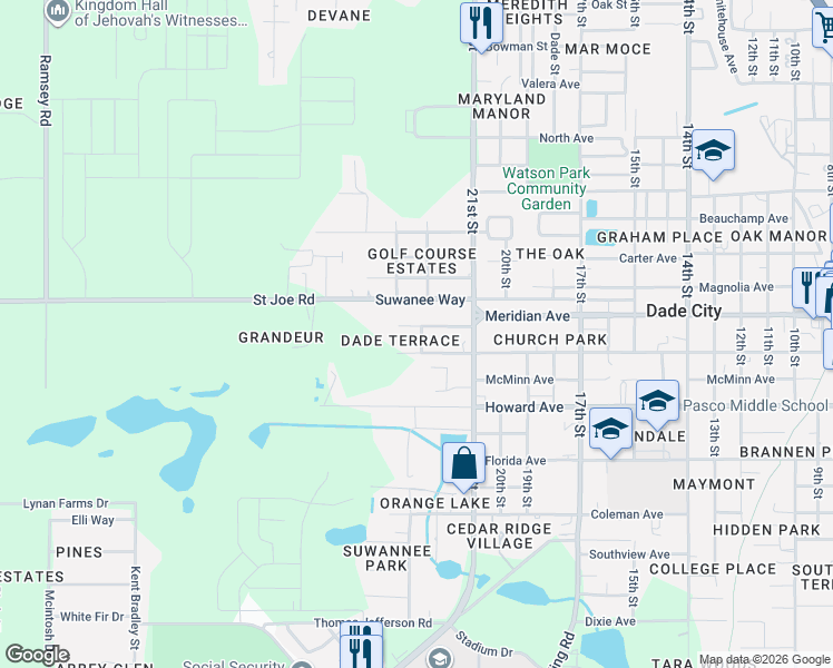 map of restaurants, bars, coffee shops, grocery stores, and more near 36841 Church Avenue in Dade City