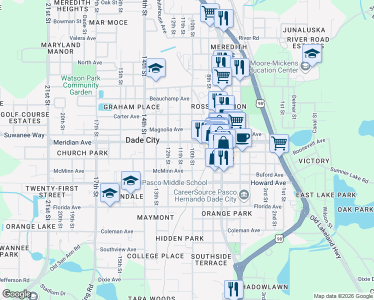 map of restaurants, bars, coffee shops, grocery stores, and more near 14130 11th Street in Dade City