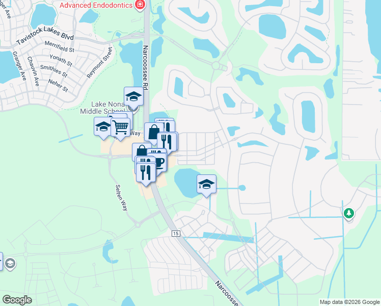 map of restaurants, bars, coffee shops, grocery stores, and more near 9938 Eagle Creek Center Boulevard in Orlando