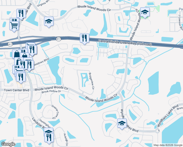 map of restaurants, bars, coffee shops, grocery stores, and more near 2012 Bridgeview Circle in Orlando