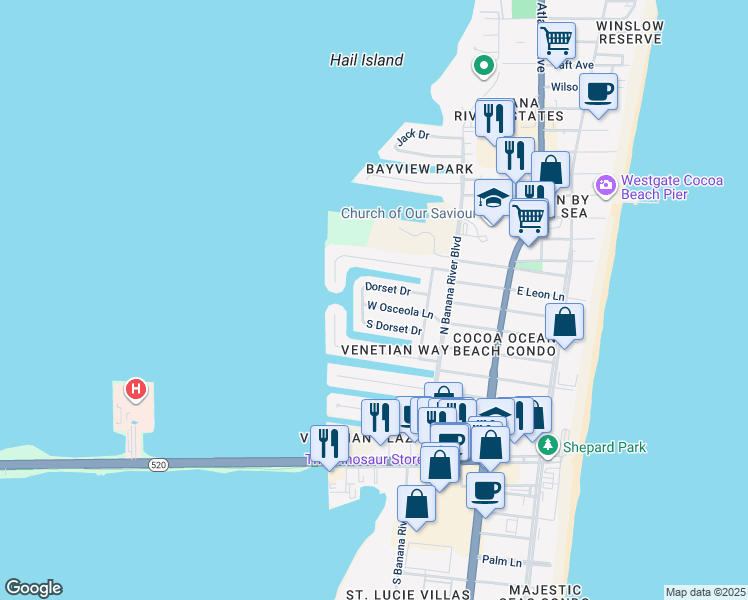 map of restaurants, bars, coffee shops, grocery stores, and more near 365 West Osceola Lane in Cocoa Beach