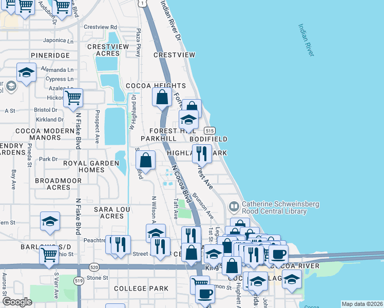 map of restaurants, bars, coffee shops, grocery stores, and more near 112 Olive Street in Cocoa