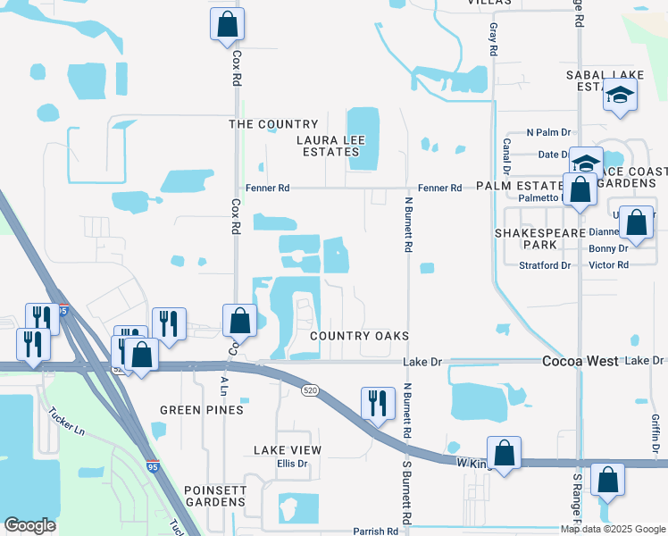 map of restaurants, bars, coffee shops, grocery stores, and more near 3810 Lake Drive in Cocoa