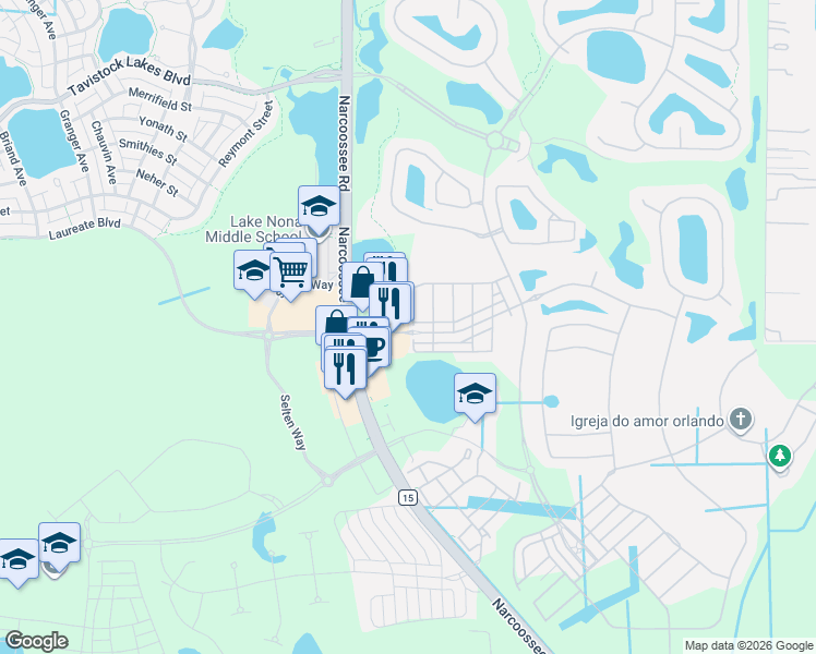 map of restaurants, bars, coffee shops, grocery stores, and more near 9938 Eagle Creek Center Boulevard in Orlando
