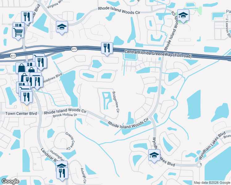 map of restaurants, bars, coffee shops, grocery stores, and more near 2012 Bridgeview Circle in Orlando