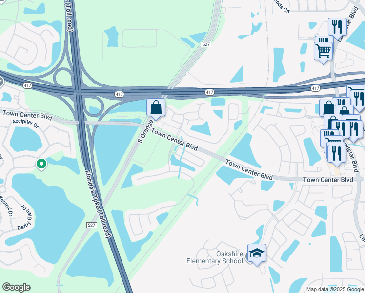 map of restaurants, bars, coffee shops, grocery stores, and more near 501 Cresting Oak Circle in Orlando
