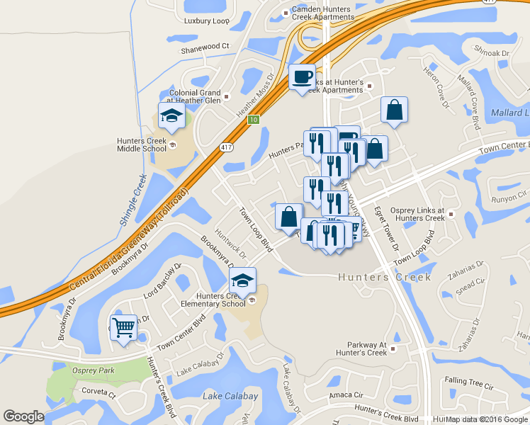 map of restaurants, bars, coffee shops, grocery stores, and more near 12021 Villanova Drive in Orlando